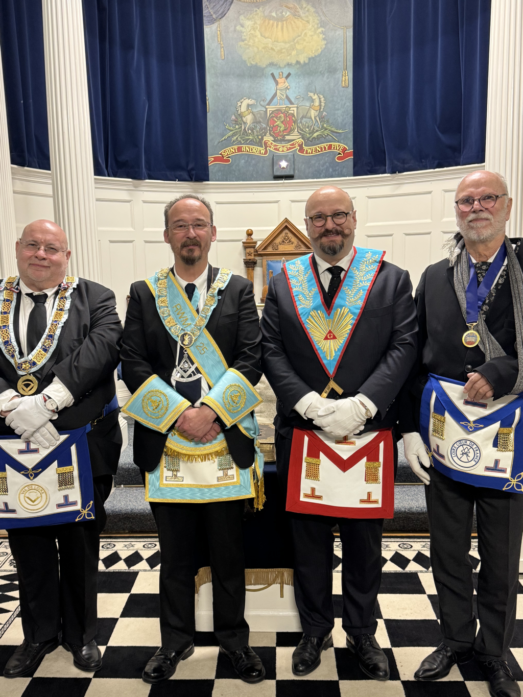 Pictured are Bro Laurent Briziou, our own RWM, Bro RWM Cedric De La Porte Des Vaux and Bro Jean Coutier who visited our lodge last night and came over from St. Andrews’ twinned city of Loches in France, Haste ye Back Brethren.