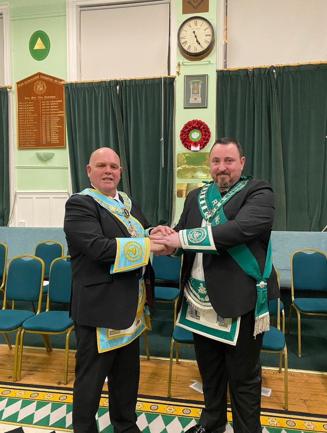rwm brother alan blackie being congratulated on his installation by our rwm brother john niven